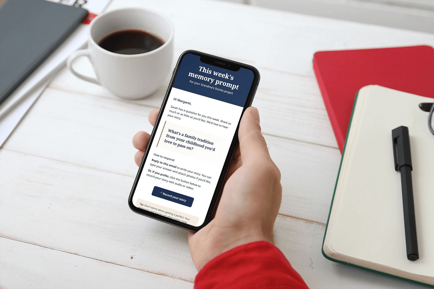 Weekly question email displayed on mobile phone
